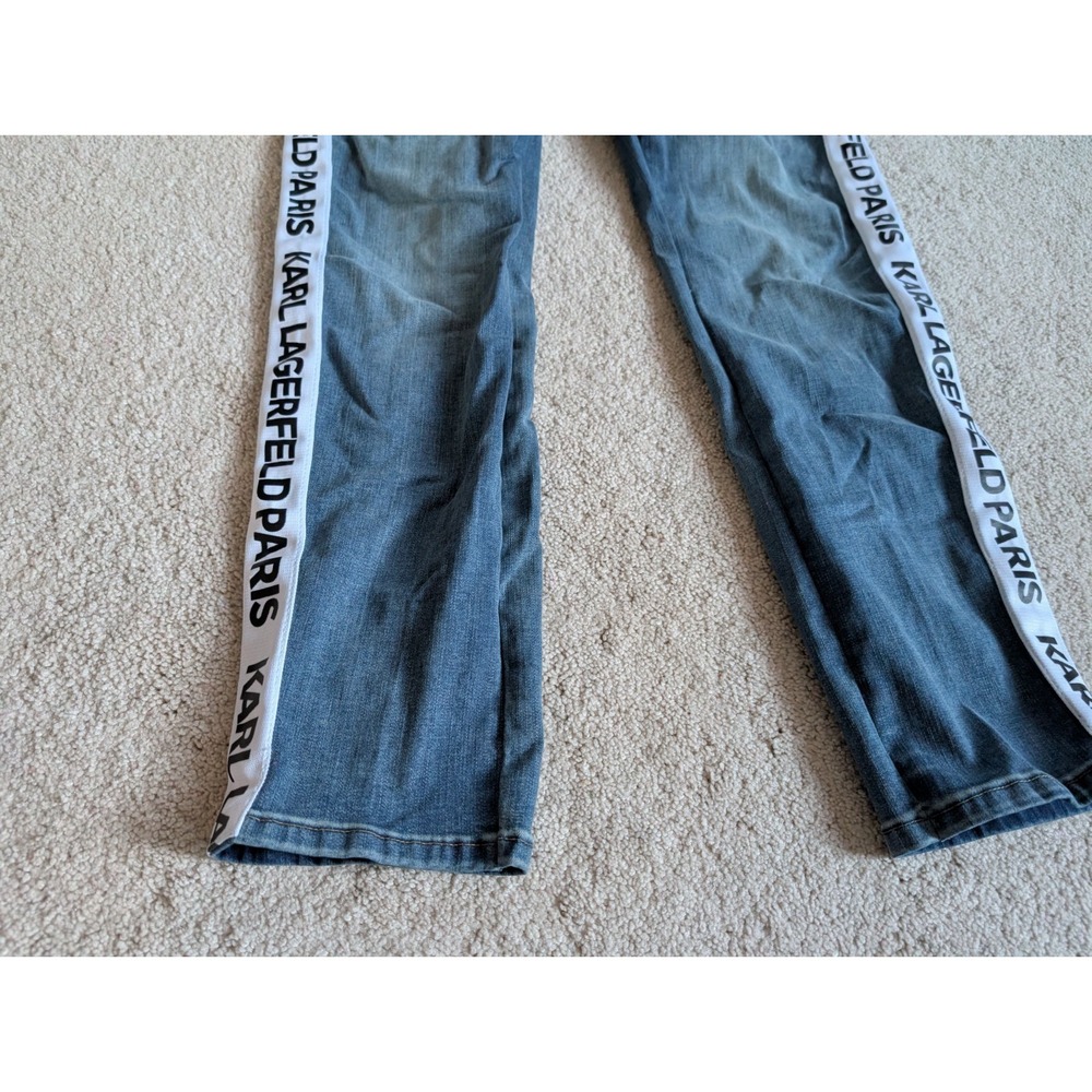 Karl Lagerfeld Blue Denim Side Stripe Straight Leg Pants Womens 12 Logo Tape - Picture 2 of 15